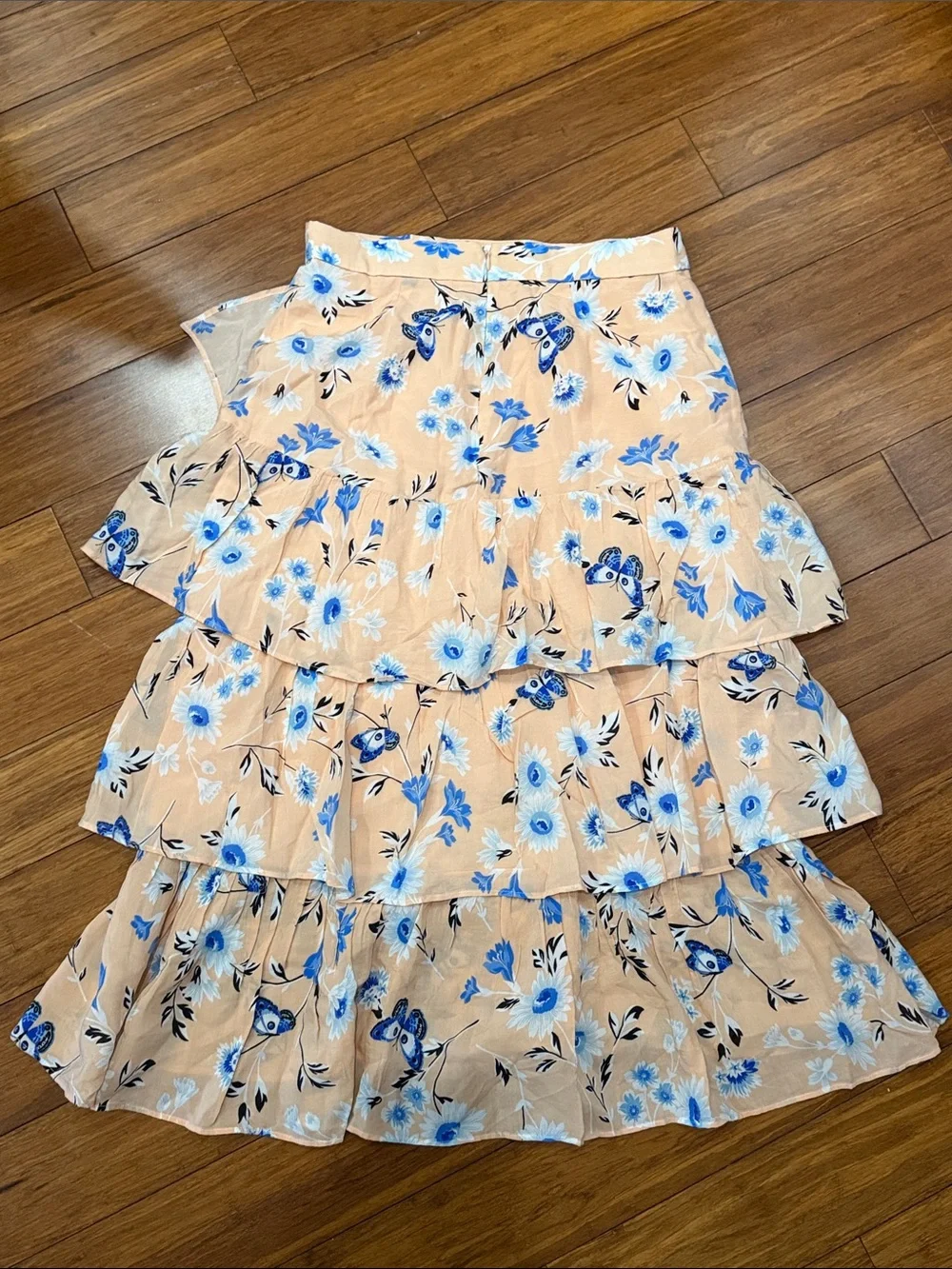 Ann Taylor Peach A-Line Tiered Skirt with Blue Floral Print Petit 6P